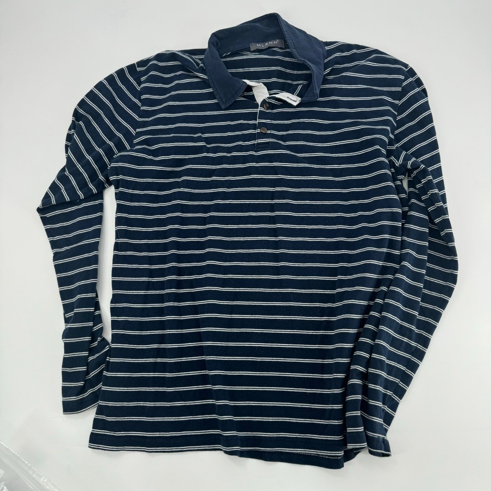 MLANM Men's‎ Long Sleeve Navy Blue White Stripe Polo Shirt Size L Casual